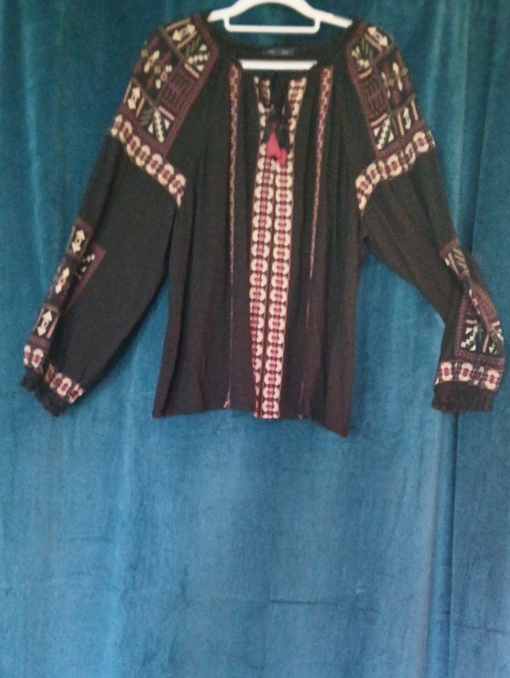 American Eagle Embroidered Black Peasant Blouse